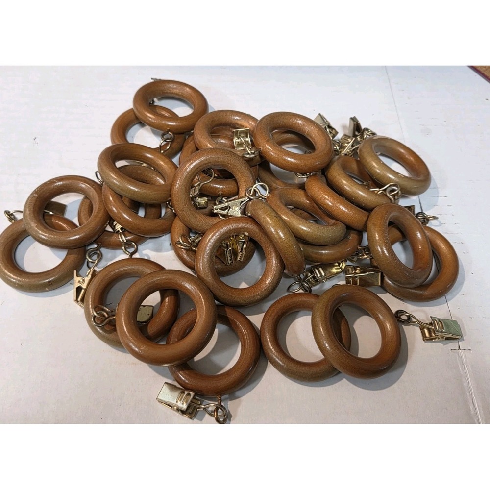 Lot of 28 Wood Curtain Rings with Brass Clips 1.75" OD Fits 1" Rod Drapery